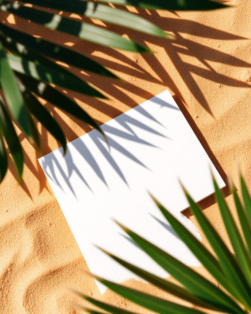 Fotografia provisória de um livro de capa em branco sobre areia com sombras de folhas.