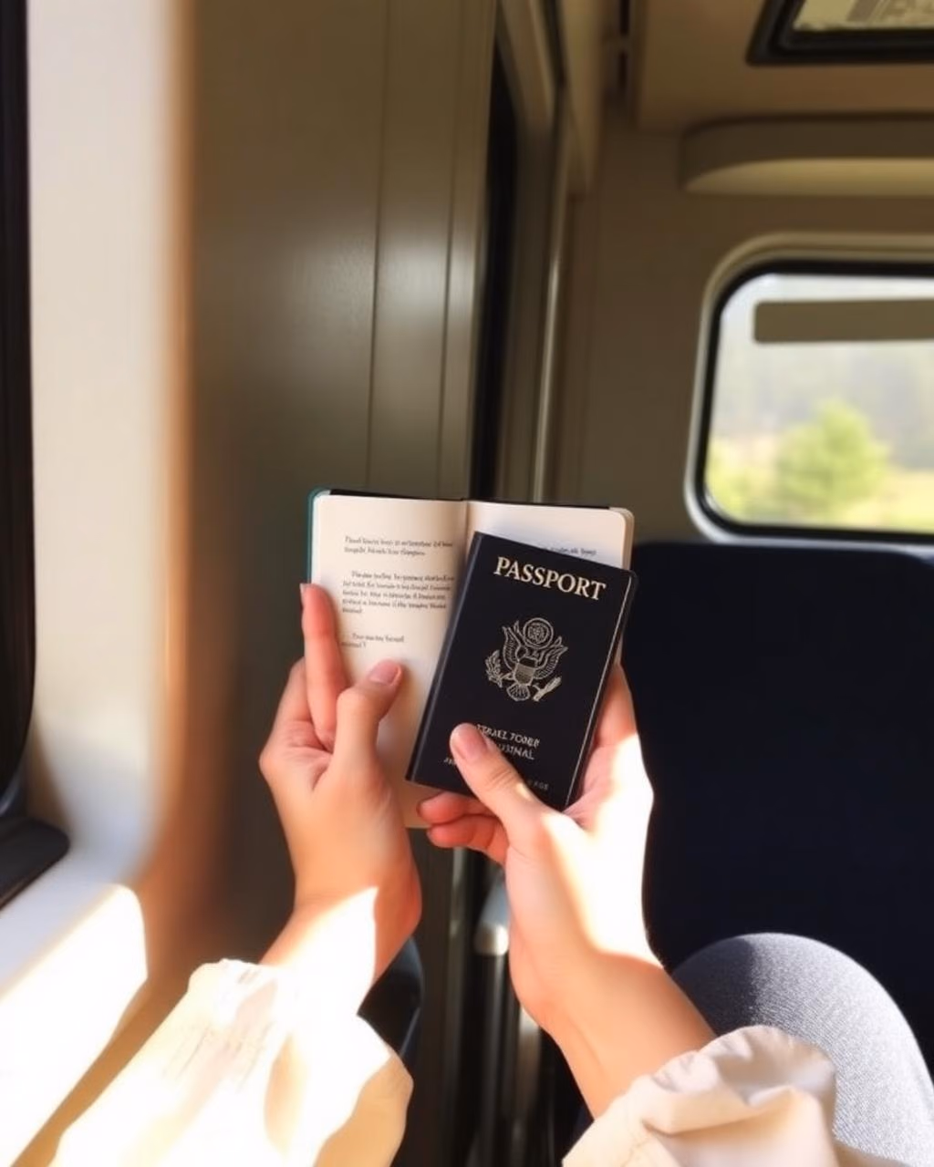 Imagem provisória: mãos segurando um caderno de viagem e um passaporte em um trem.