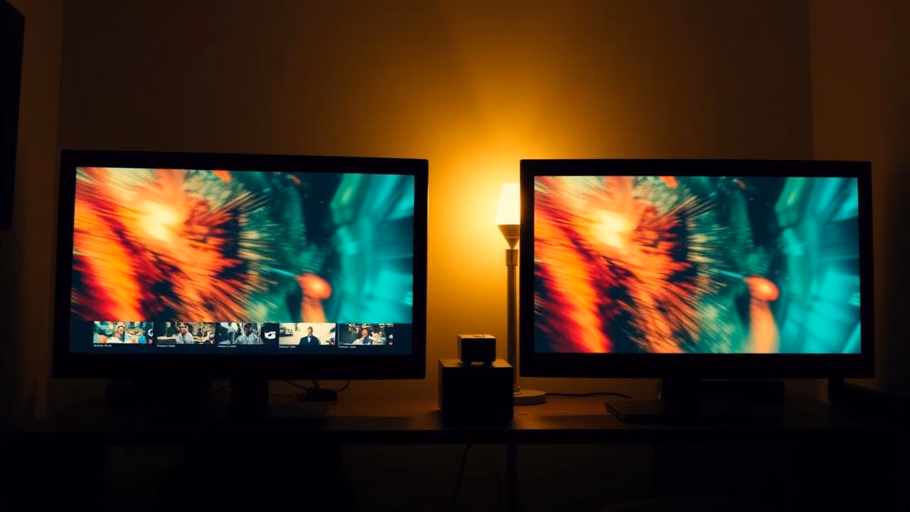 Pôster provisório de vídeo: sala de edição com dois monitores exibindo imagens coloridas.
