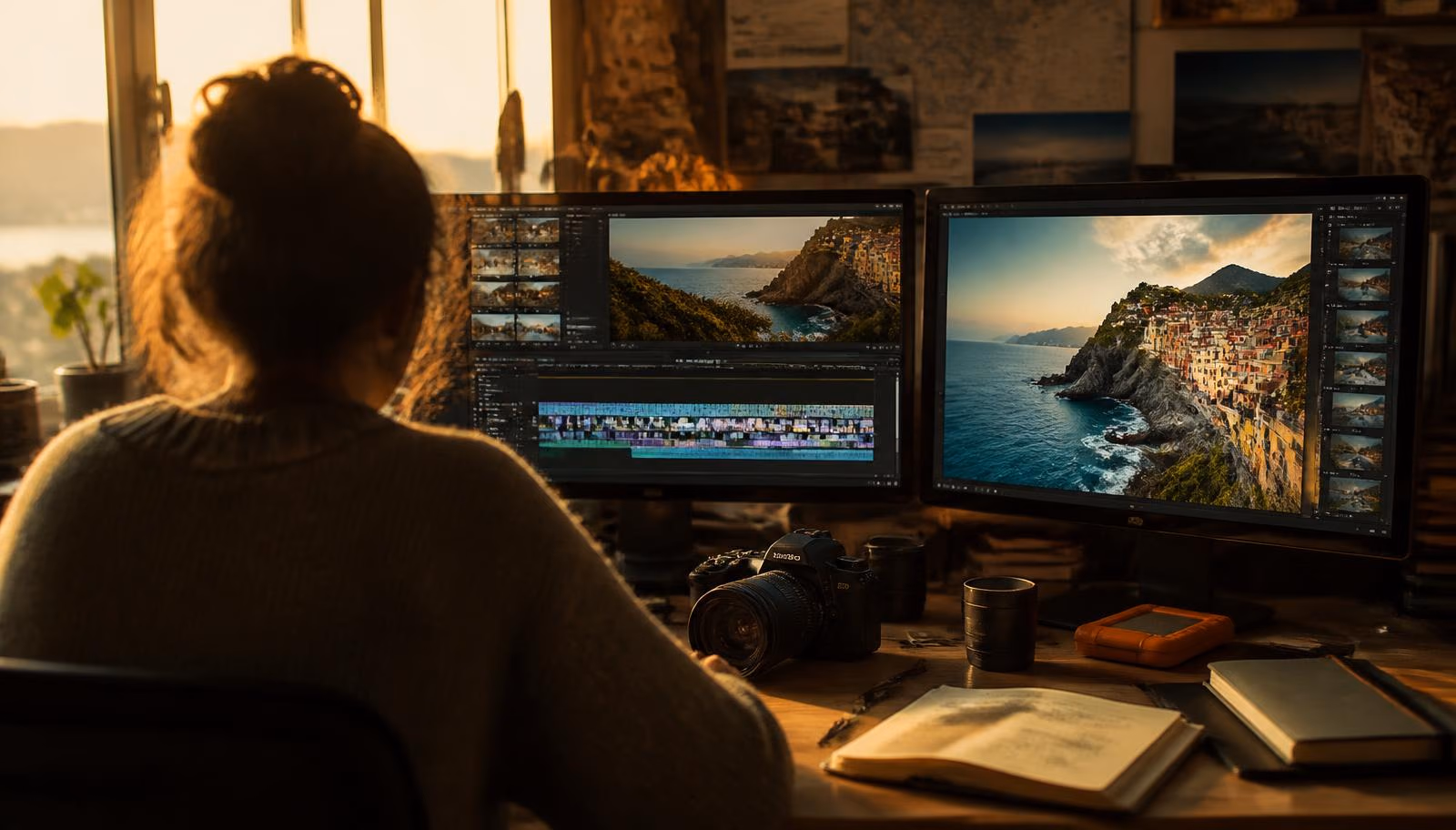 Imagem provisória: sala de edição com monitores exibindo imagens de viagem ao fim do dia.
