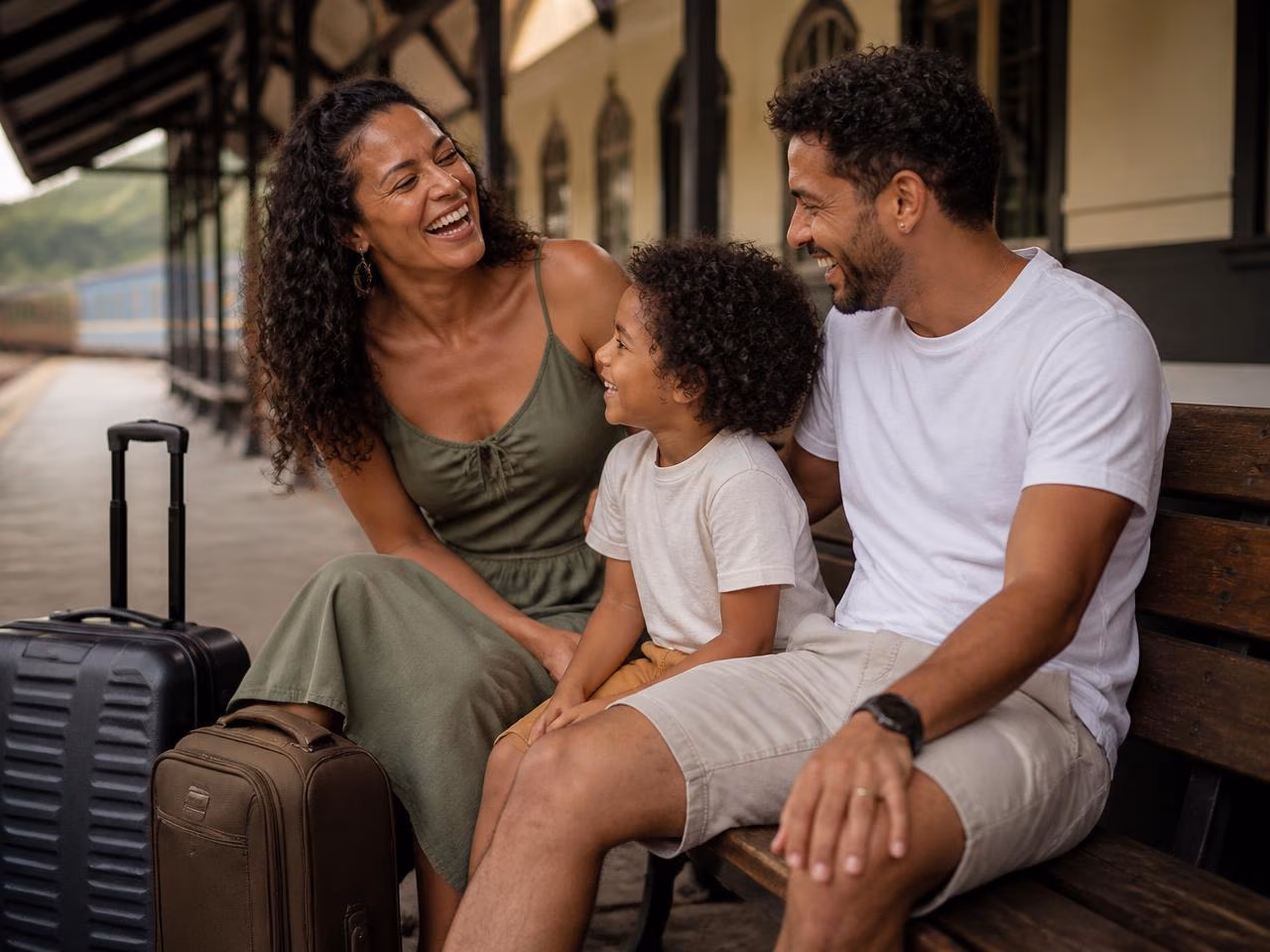 Família sentada em um banco de estação de trem, rindo junta, com malas ao lado.