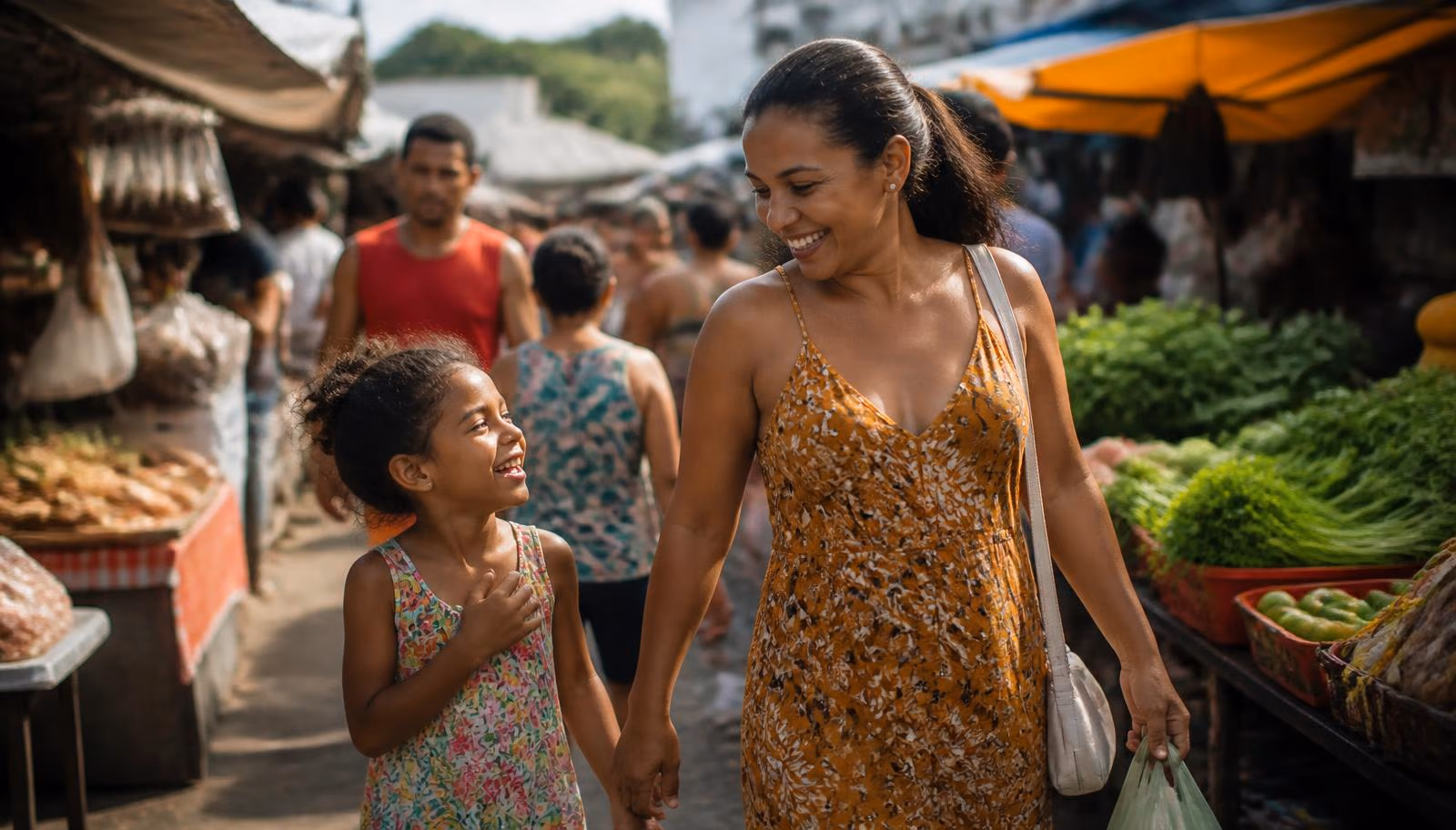 Cena de temporada: mãe e filha atravessando um mercado de rua em um dia de sol.